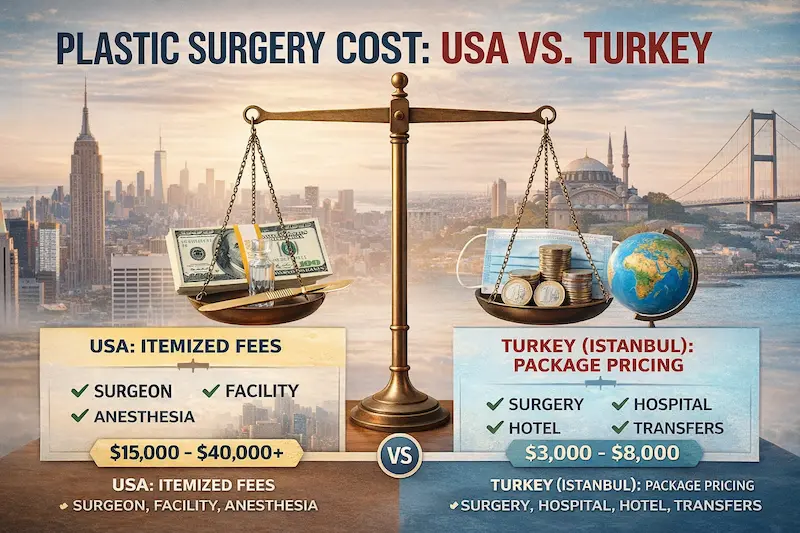 Turkey Plastic Surgery Cost infographic comparing USA itemized fees vs Istanbul package pricing using a balance scale.