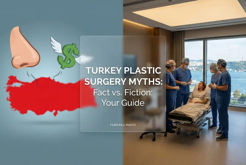 Turkey plastic surgery myths featured image showing a Turkey map and surgeons consulting a patient in a modern hospital room