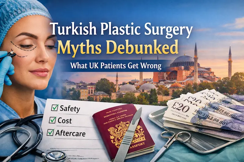 Turkish plastic surgery myths cover image showing a UK patient safety checklist, Istanbul skyline, and aftercare focus.