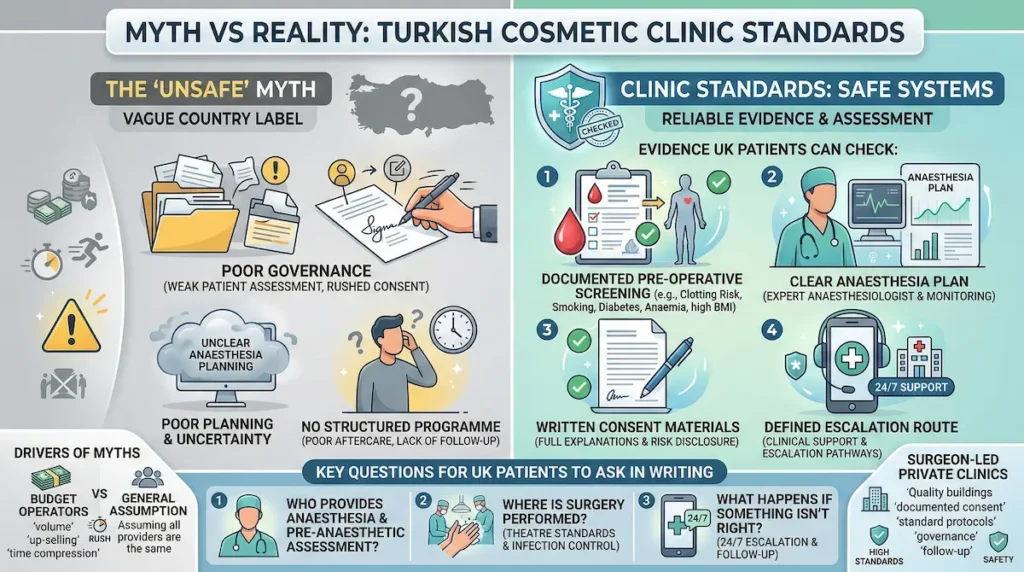 Turkish plastic surgery myths infographic showing UK patient safety checks: screening, anaesthesia plan, written consent, escalation route.