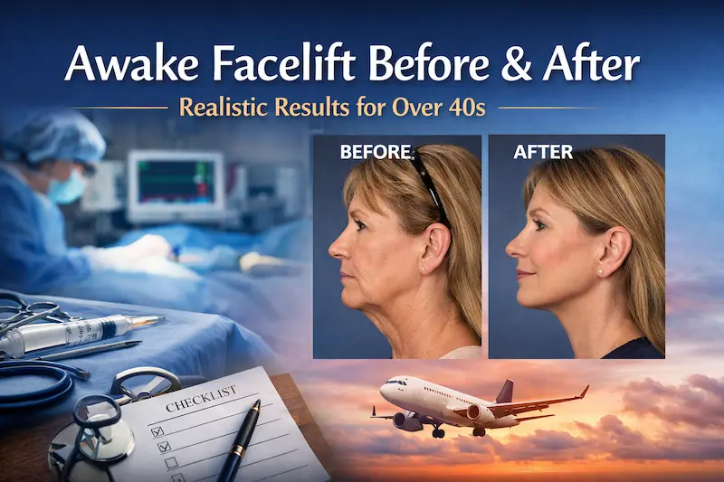Awake Facelift Before After cover image showing realistic before and after profile results for a woman over 40, with operating theatre context and travel readiness cues.
