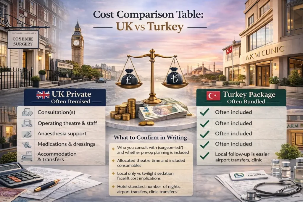 Awake Facelift Cost UK vs Turkey comparison table showing UK private itemised costs (consultation, operating theatre, anaesthesia, aftercare) versus Turkey package inclusions.