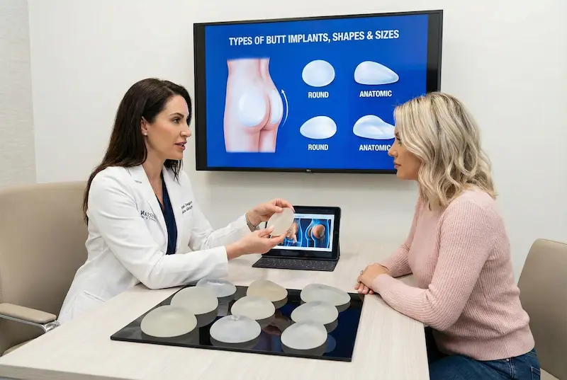 Butt Implants consultation showing types of butt implants, shapes and sizes with round vs anatomic implant options