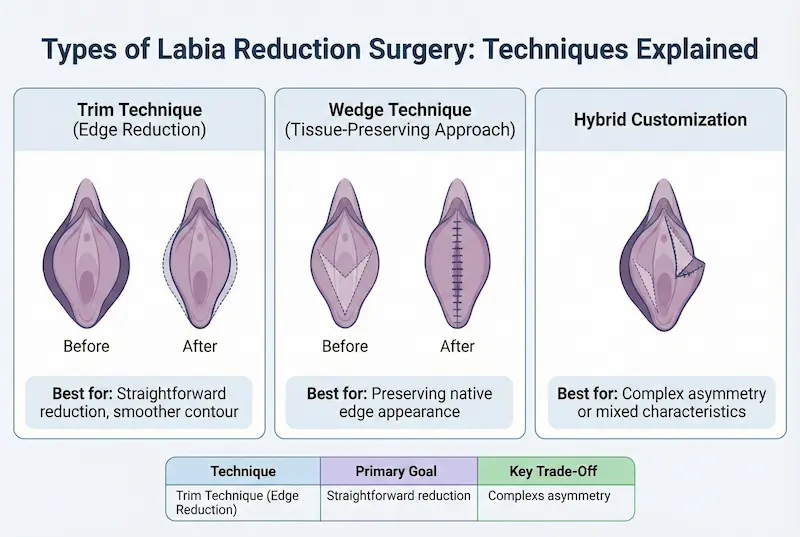 Labiaplasty techniques infographic comparing trim, wedge, and hybrid labia reduction approaches with key trade-offs.