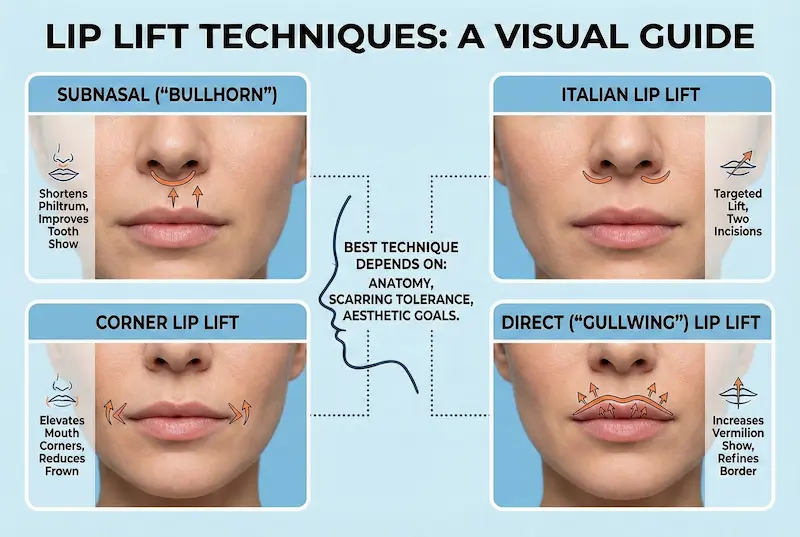 Types of lip lift techniques infographic showing bullhorn, Italian, corner, and direct (gullwing) approaches.