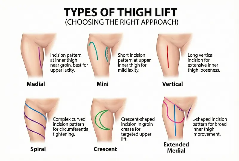 Types of Thigh Lift surgery diagram showing medial, mini, vertical, spiral, crescent, and extended medial incision patterns.