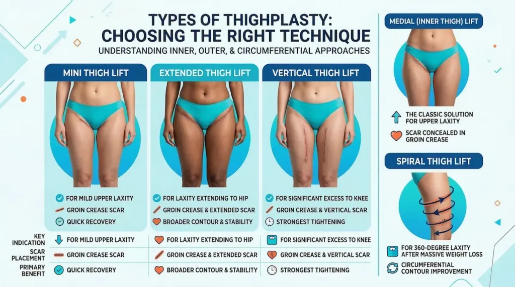Thigh Lift surgery (thighplasty) types infographic showing mini, extended, vertical and spiral techniques with scar placement