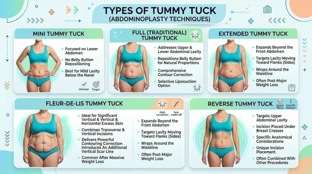 Types of tummy tuck (abdominoplasty) infographic comparing mini, full (traditional), extended, fleur-de-lis, and reverse techniques with incision placement.