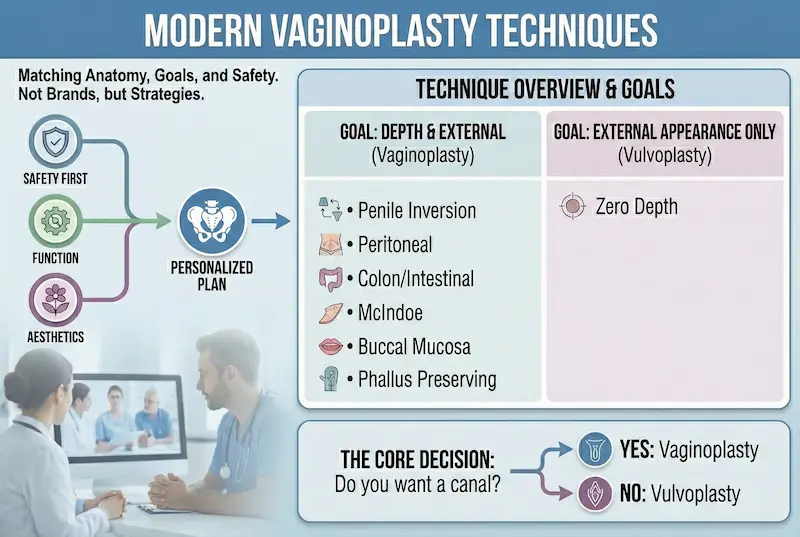 Types of vaginoplasty infographic comparing penile inversion, peritoneal, intestinal/sigmoid, McIndoe, buccal mucosa, zero-depth.