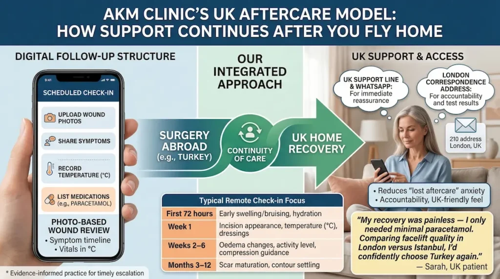 Aftercare After Surgery Abroad infographic showing AKM Clinic’s UK follow-up structure, photo-based wound review, temperature (°C) tracking, and UK support access after flying home.