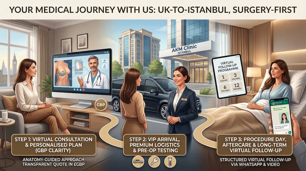 Infographic showing UK-to-Istanbul breast augmentation pathway: virtual consultation (GBP quote), VIP arrival and pre-op testing, procedure day, aftercare and long-term virtual follow-up.