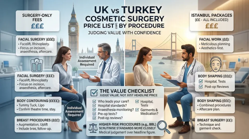 Plastic surgery costs Turkey infographic showing UK vs Turkey procedure price list in GBP, plus checklist for inclusions and aftercare.