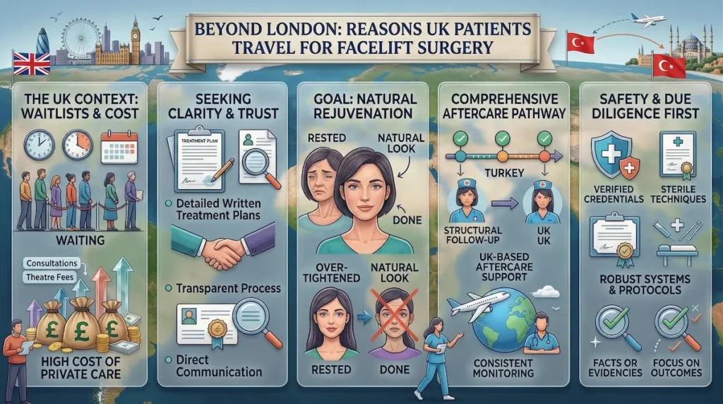 Turkey vs Harley Street Plastic Surgery infographic showing UK waitlists and costs, trust checks, natural rejuvenation goals, aftercare pathway, and safety steps