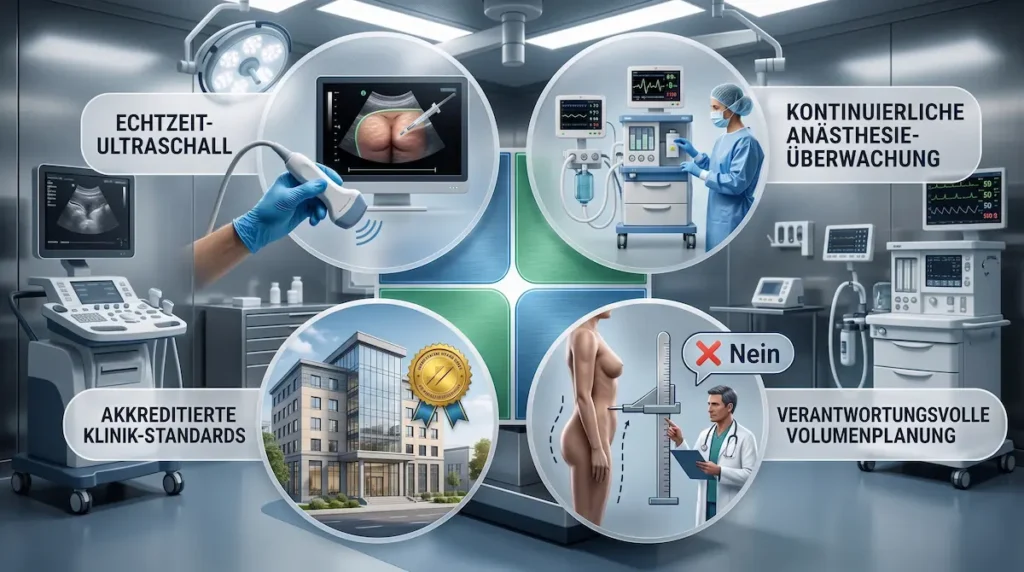 BBL Sicherheit Ultraschall mit Echtzeitkontrolle, Anästhesieüberwachung, Klinikstandards und verantwortungsvoller Volumenplanung.
