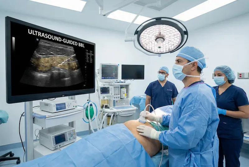 Ultrasound guided BBL in the OR—surgeon uses real-time imaging to confirm safe fat transfer plane during BBL surgery.