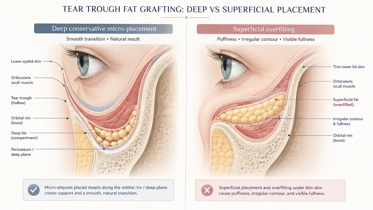 Under-eye fat grafting diagram comparing deep conservative micro-placement in the tear trough with superficial overfilling