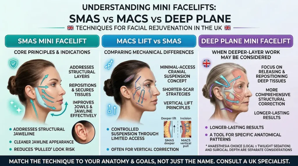 Diagram comparing SMAS, MACS and deep plane techniques for an awake mini facelift, showing lift vectors and structural support.