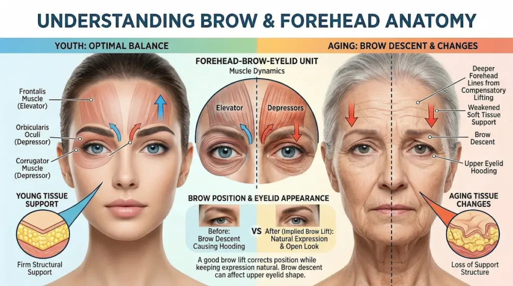 Diagram explaining awake brow lift anatomy, showing forehead-brow-eyelid muscles, brow descent with aging, and upper eyelid hooding.