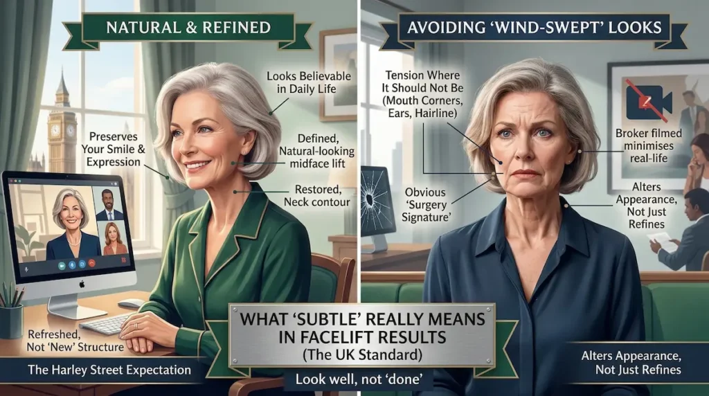 Infographic showing what subtle Facelift Results look like for UK patients, comparing natural refined outcomes with wind swept warning signs.