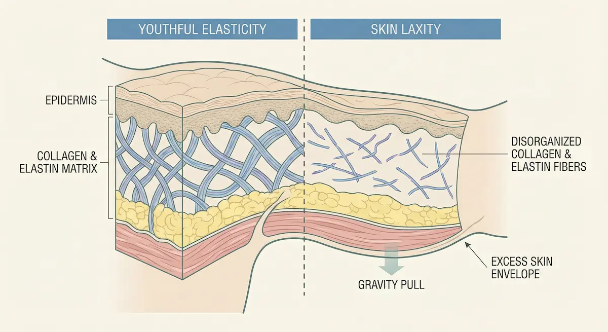 Anatomy diagram comparing youthful skin elasticity versus skin laxity, showing collagen and elastin fiber changes, gravity pull, and excess skin envelope.