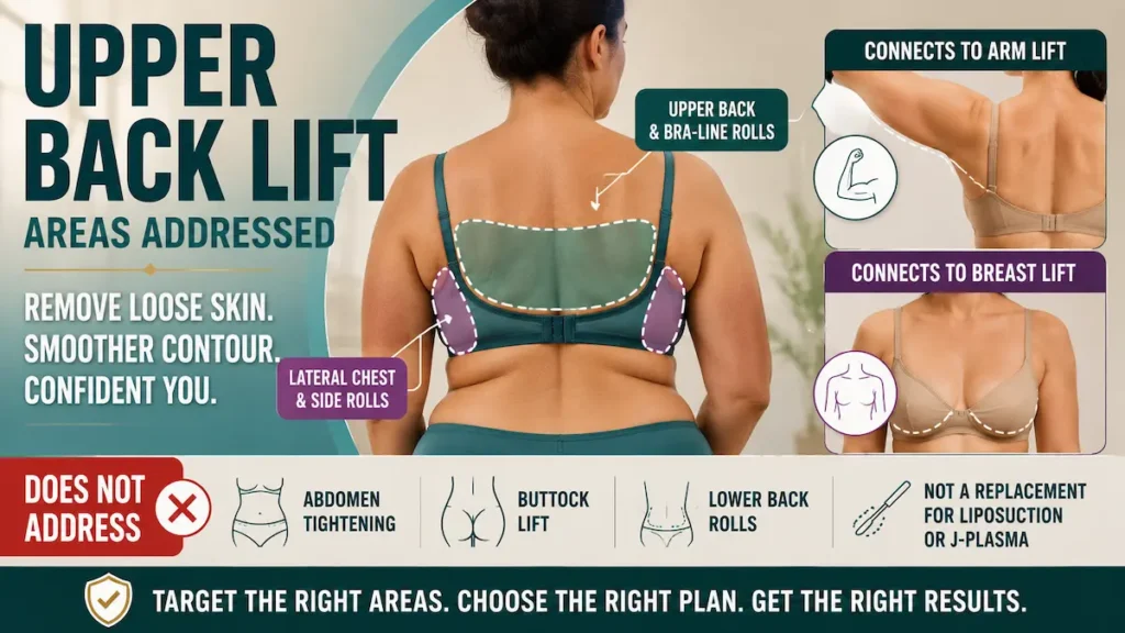 Upper back lift areas addressed infographic showing bra-line rolls, lateral chest folds and arm or breast lift connections