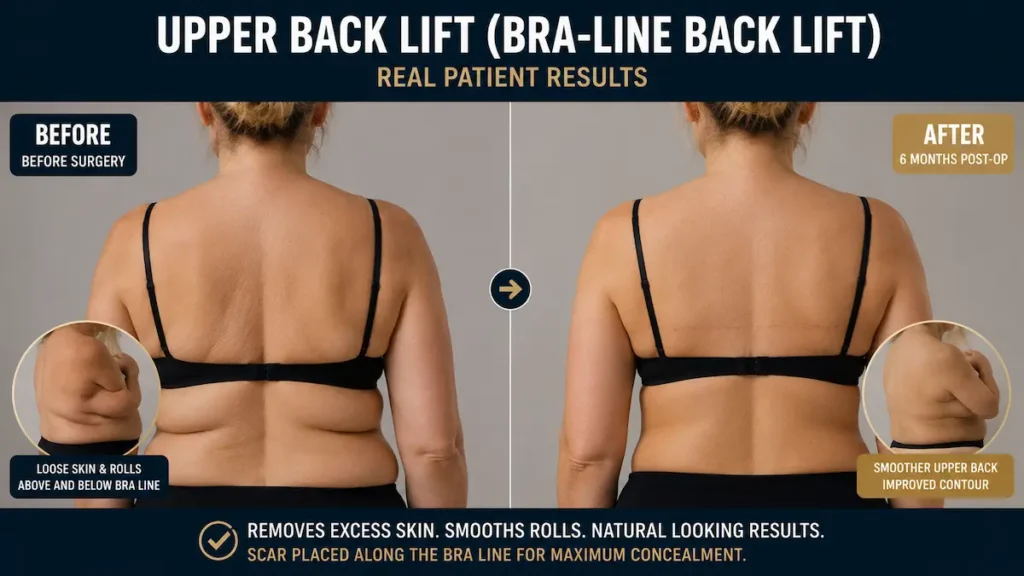 Upper back lift before and after image showing smoother bra-line contour and reduced upper-back rolls six months after surgery