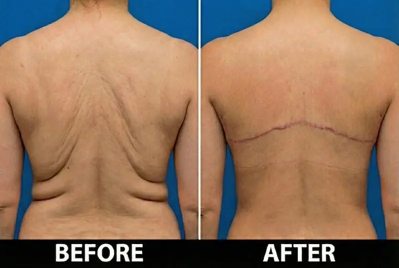 Upper Back Lift before-and-after showing smoother upper back contour and a bra-line incision scar after skin removal.