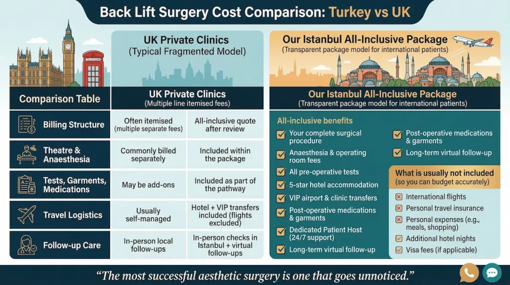 Upper Back Lift cost comparison infographic showing Turkey vs UK fees, all-inclusive Istanbul package benefits, and what’s excluded.