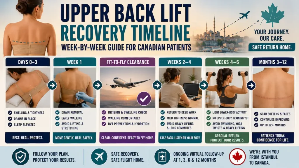 Upper back lift recovery timeline infographic showing week-by-week healing, fit-to-fly clearance and scar maturation for Canadian patients