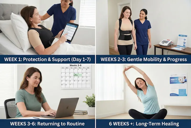 Upper Back Lift recovery timeline showing week 1 protection, weeks 2–3 mobility, weeks 3–6 routine, and 6+ weeks healing.