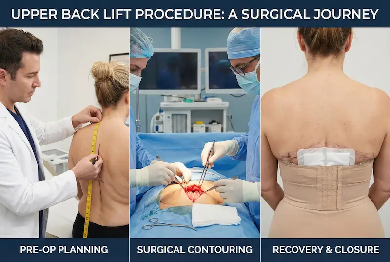 Upper Back Lift surgery step-by-step showing pre-op planning, surgical contouring, and bra-line closure during recovery.