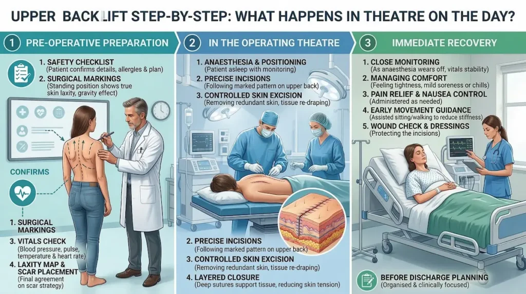 Upper Back Lift surgery step-by-step infographic showing pre-op markings, operating theatre skin excision, layered closure, and immediate recovery.