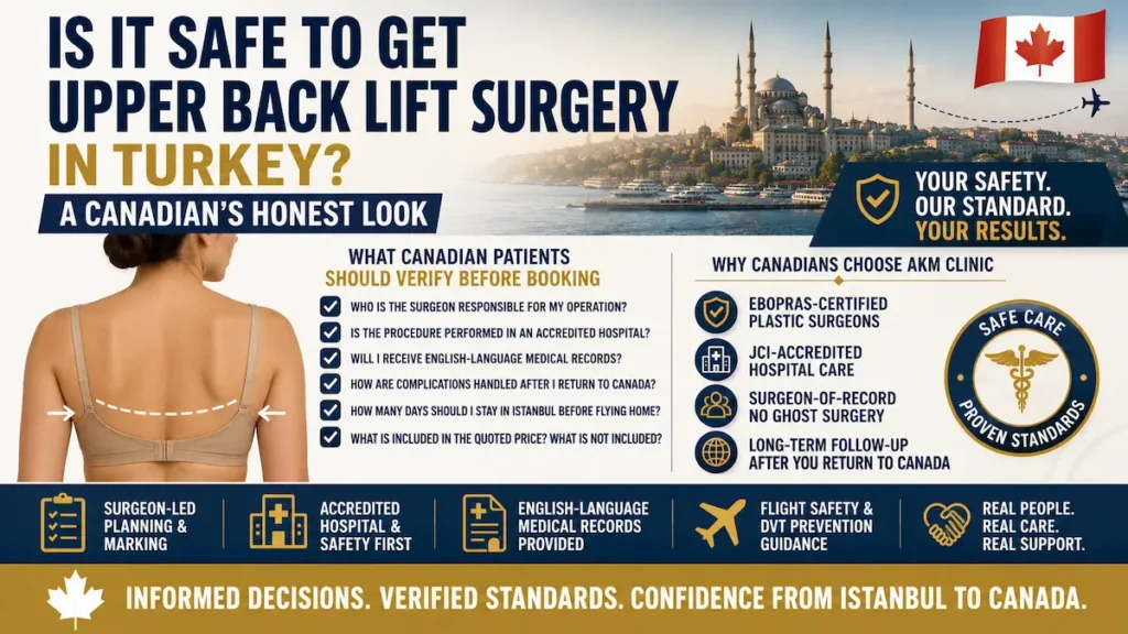 Upper back lift surgery in Turkey safety infographic showing Canadian patient checklist, accredited hospital care and follow-up support