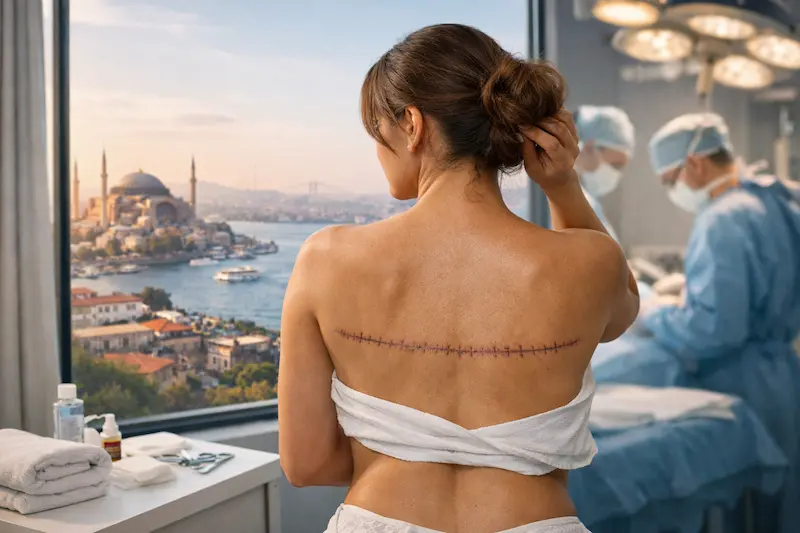 Upper Back Lift surgery recovery photo showing a bra-line incision scar across the upper back in a clinical setting.
