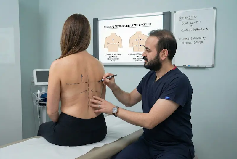 Upper Back Lift surgical technique planning showing incision vectors and technique selection based on anatomy and laxity.