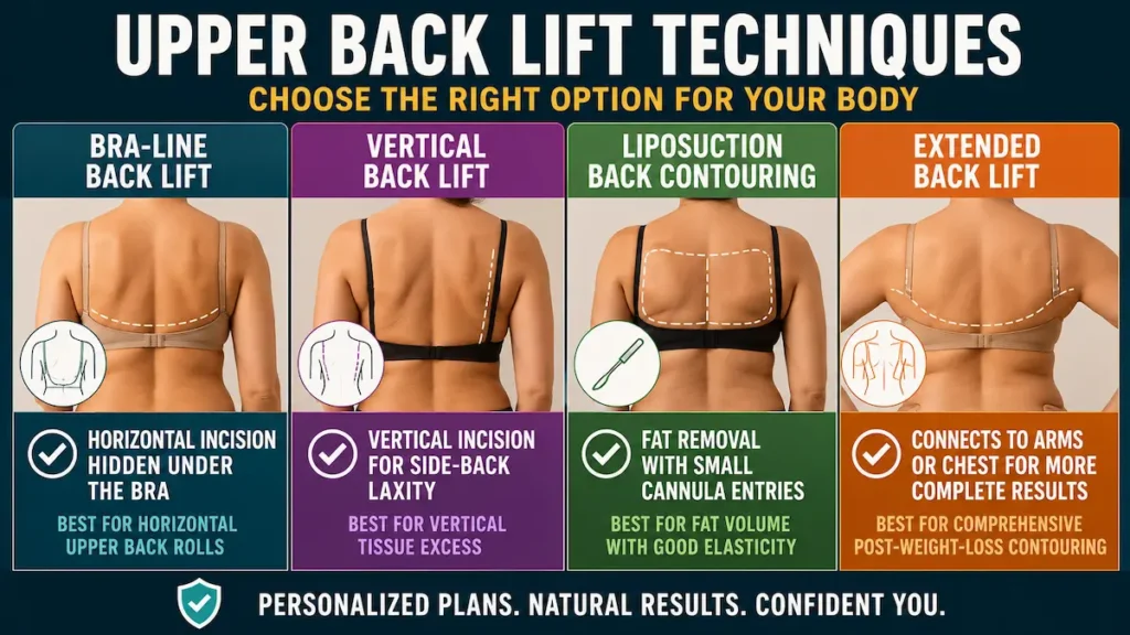 Upper back lift techniques infographic comparing bra-line, vertical, lipo-only and extended back lift options for body contouring