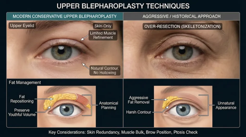 Upper Blepharoplasty Surgery techniques chart comparing fat repositioning vs aggressive fat removal and hollowing.