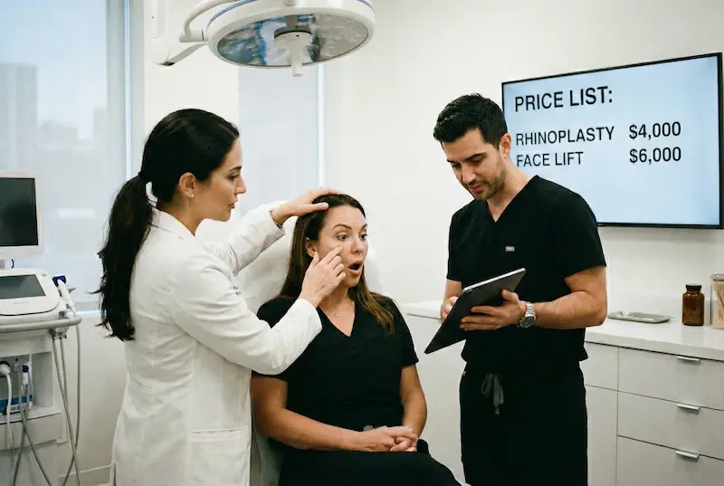 USA vs Turkey Plastic Surgery Price Ranges: consultation with surgeons; screen lists rhinoplasty $4,000, face lift $6,000.