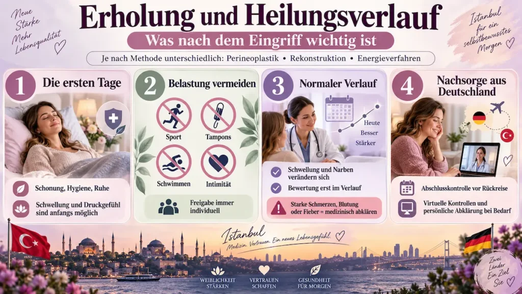 Infografik zur Vaginalstraffung: Erholung, Schonung, Heilungsverlauf und Nachsorge nach dem Eingriff.