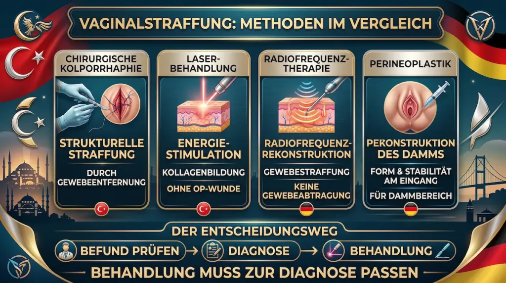 Infografik zur Vaginalstraffung: Vergleich von Kolporrhaphie, Laser, Radiofrequenz und Perineoplastik.