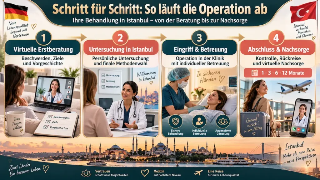 Infografik zur Vaginalstraffung: Ablauf von der virtuellen Erstberatung über die Untersuchung in Istanbul bis zur Nachsorge.