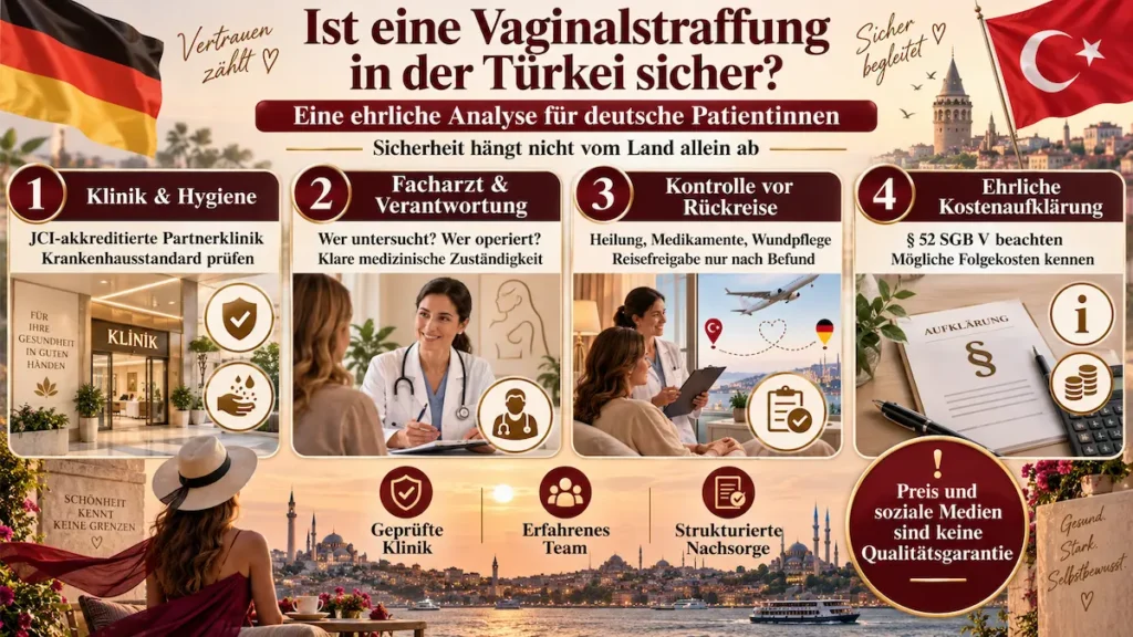 Infografik zur Vaginalstraffung in der Türkei: Klinik, Facharzt, Rückreisekontrolle und Nachsorge als wichtige Sicherheitsfaktoren.