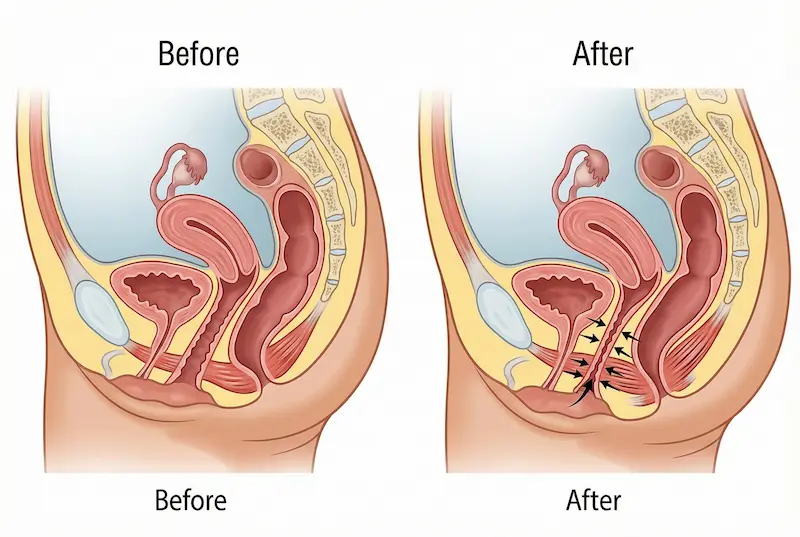 Vaginoplasty before and after diagram showing pelvic anatomy side view and vaginal canal tightening with improved tissue support.