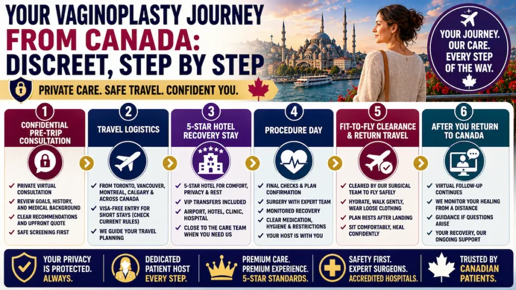 Vaginoplasty in Turkey journey infographic for Canadian patients showing consultation, travel logistics, hotel recovery, procedure day, fit-to-fly clearance, and follow-up.