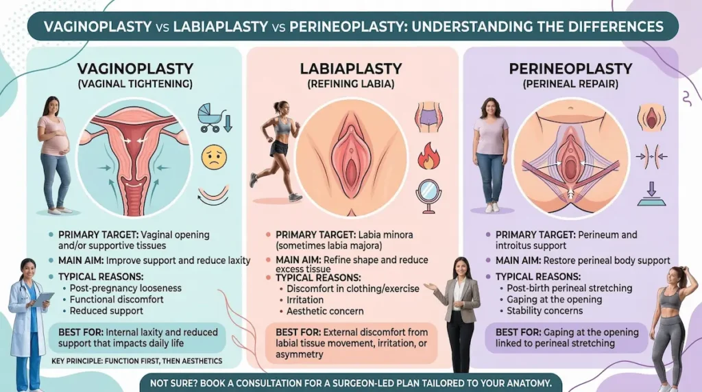 Vaginoplasty vs labiaplasty vs perineoplasty infographic comparing targets, aims, and reasons for each procedure.