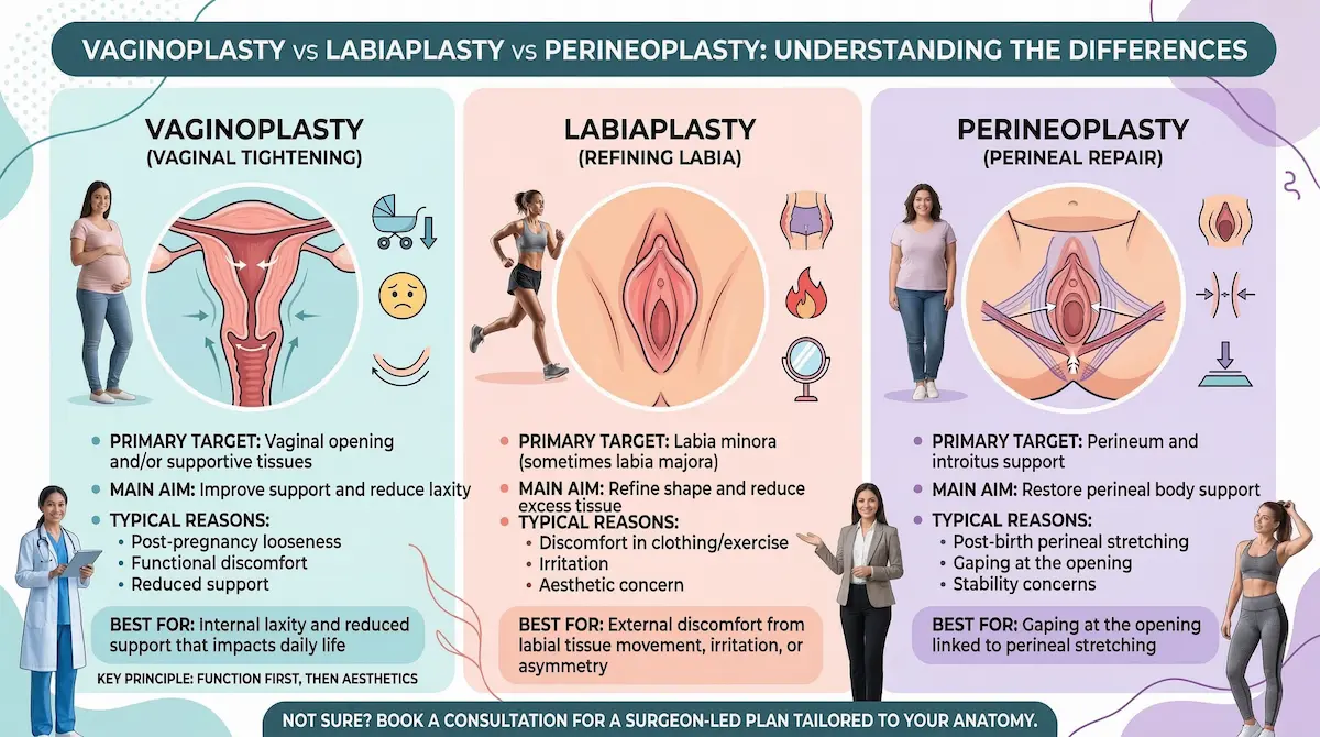 Vaginoplasty vs labiaplasty vs perineoplasty infographic comparing targets, aims, and reasons for each procedure.