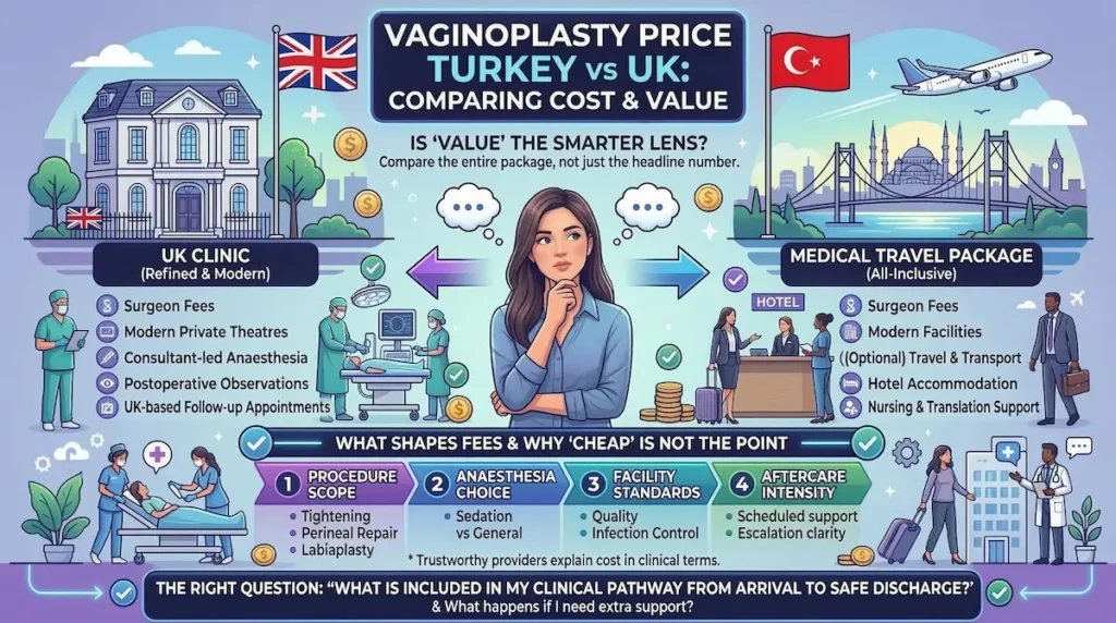 Vaginoplasty price Turkey vs UK infographic comparing cost drivers, what’s included, and aftercare value for UK patients.