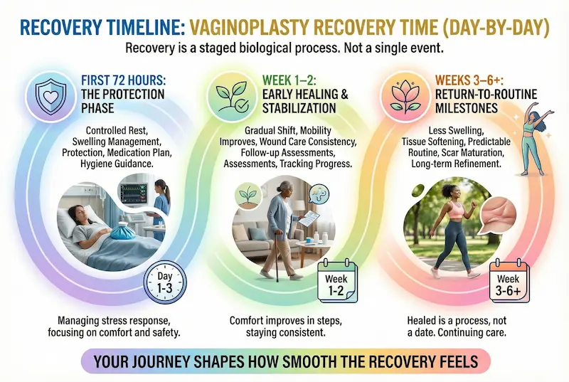 Vaginoplasty recovery time infographic showing day-by-day phases: first 72 hours, week 1–2 healing, and weeks 3–6+ milestones.