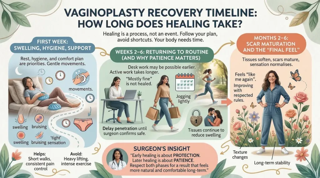 Vaginoplasty recovery timeline infographic showing first-week care, weeks 2–6 routine return, and months 2–6 healing.