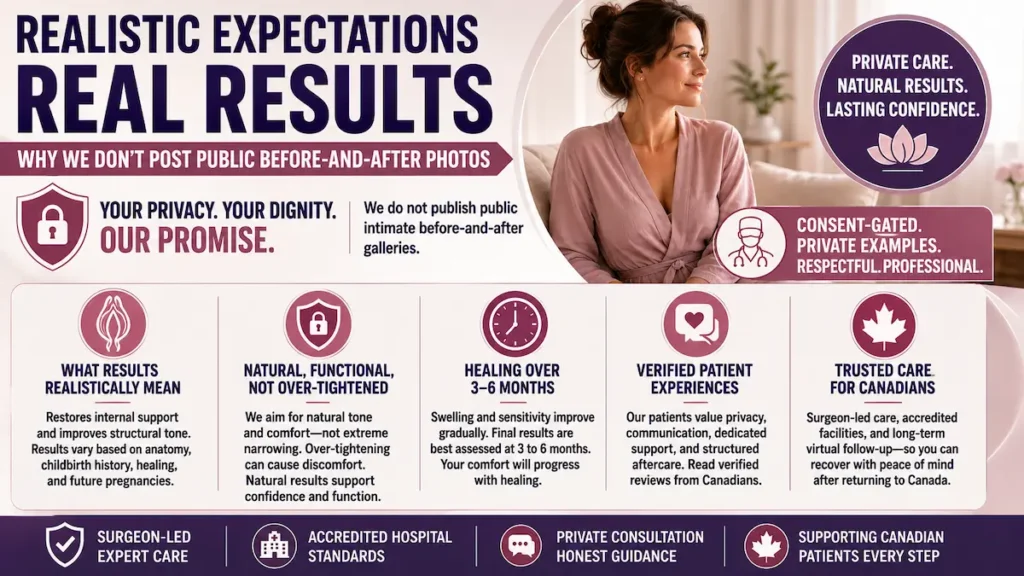 Vaginoplasty in Turkey results infographic explaining privacy, realistic expectations, natural outcomes, and private before-and-after review for Canadian patients.
